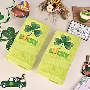 AEUEFUEA St Patricks Day Hand Towels Set of 2, 14'' x 30'' Cotton Shamrock Embroidered Decorative Towels for Bathroom, Kitchen, Home, and Housewarming Gifts AEUEFUEA St Patricks Day Hand Towels Set of 2 14 x 30 Cotton Shamrock Embroidered Decorative Towels for Bathroom Kitchen Home and Housewarming Gifts