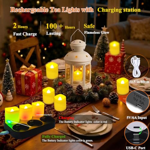 Image of 6 Pack Rechargeable tea lights with Remote Timer & Charging Base, Realistic Flickering Flameless Votive Led Tea Lights Candles, Tealights Candles for Wedding,Halloween,Christmas,Home Decorations