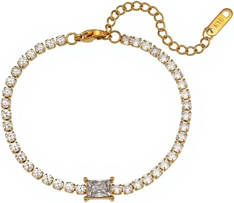 18K Yellow Gold-Plated Emerald-Cut Cubic Zirconia Diamond Tennis Chain Choker Necklace for Women, 16" – Non-Tarnish, Hypoallergenic, Gift Jewelry