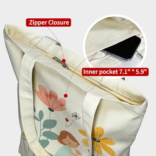 Image of itgowisa Canvas Tote Bag with Zipper Pocket, Travel Shopping Book Bag for Women, Gifts for Teachers, Nurses, Plant Lovers