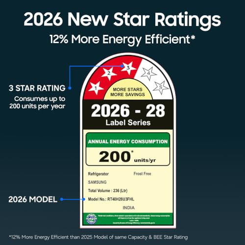 Image of Samsung 236 L, 3 Star, Convertible, Digital Inverter Frost Free Double Door Refrigerator (RT40H28U3FHL, Black DOI, 2026 Model)