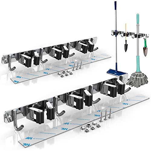 Lot de 2 supports muraux DIP-Tools en acier inoxydable - Autocollant sans perçage - Support mural pour balais, outils de jardin - Porte-outils avec 3 supports et 4 crochets Cover