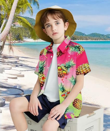 Image of uideazone Size 9-10 Boys Hawaiian Shirts Kids Short Sleeve Button Down Casual Shirt Pineapple Print Blouse Beach Style Summer Wear Tops for Dailywear Camping Hiking Climbing Beach Volleyball