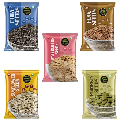 Image of Online Quality Store Raw Combo of Chia, Watermelon, Pumpkin, Sunflower, Flax Seeds - 500gm (100gm x 5 Pack) | Unroasted Mix Seeds for Eating with Omega 3 and Rich in Fiber, Protein for Weight Loss