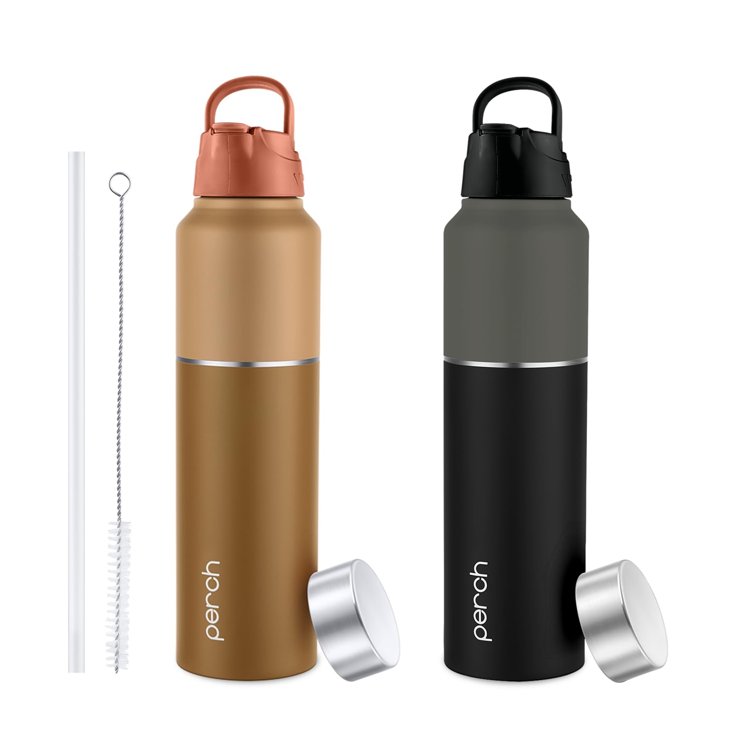 Perch Magic Stainless Steel Water Bottle Set of 2 (1 Ltr) | ISI Certified | Single Wall Fridge Bottle | Sipper Cap & Straw | BPA Free | Leak Proof | for Home, Office, Gym & Travel | Crafted by Pexpo