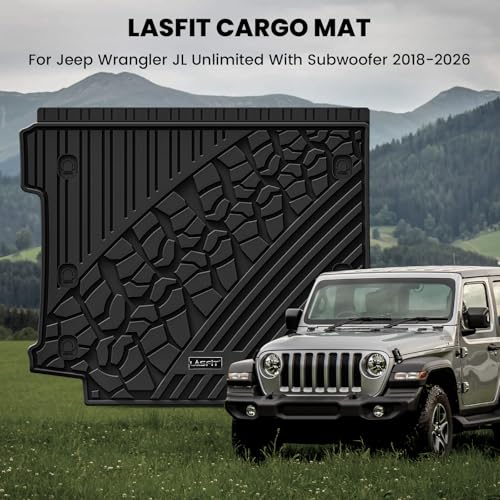 Image of LASFIT Cargo Mat for Jeep Wrangler JL 2018-2026 4 Doors with SUBWOOFER | Not for JK /Not PHEV /Not 2-Door, All Weather, TPE, Custom Fit, Trunk Mat, for Flat Load Floor, Gas Type, Black