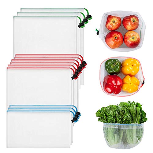 C100AE Juego de 12 Bolsas Compra Reutilizables Ecológicas, Bolsa de Almacenamiento para Fruta Verduras Juguete, Bolsa de Malla Lavable y Transpirable, 3 Tamaños
