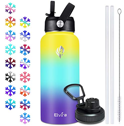 Elvira 32oz Vacuum Insulated Stainless Steel Water Bottle with Straw & Spout Lids, Double Wall Sweat-proof BPA Free to Keep Beverages Cold For 24 Hrs or Hot For 12 Hrs-Yellow/Green/Purple
