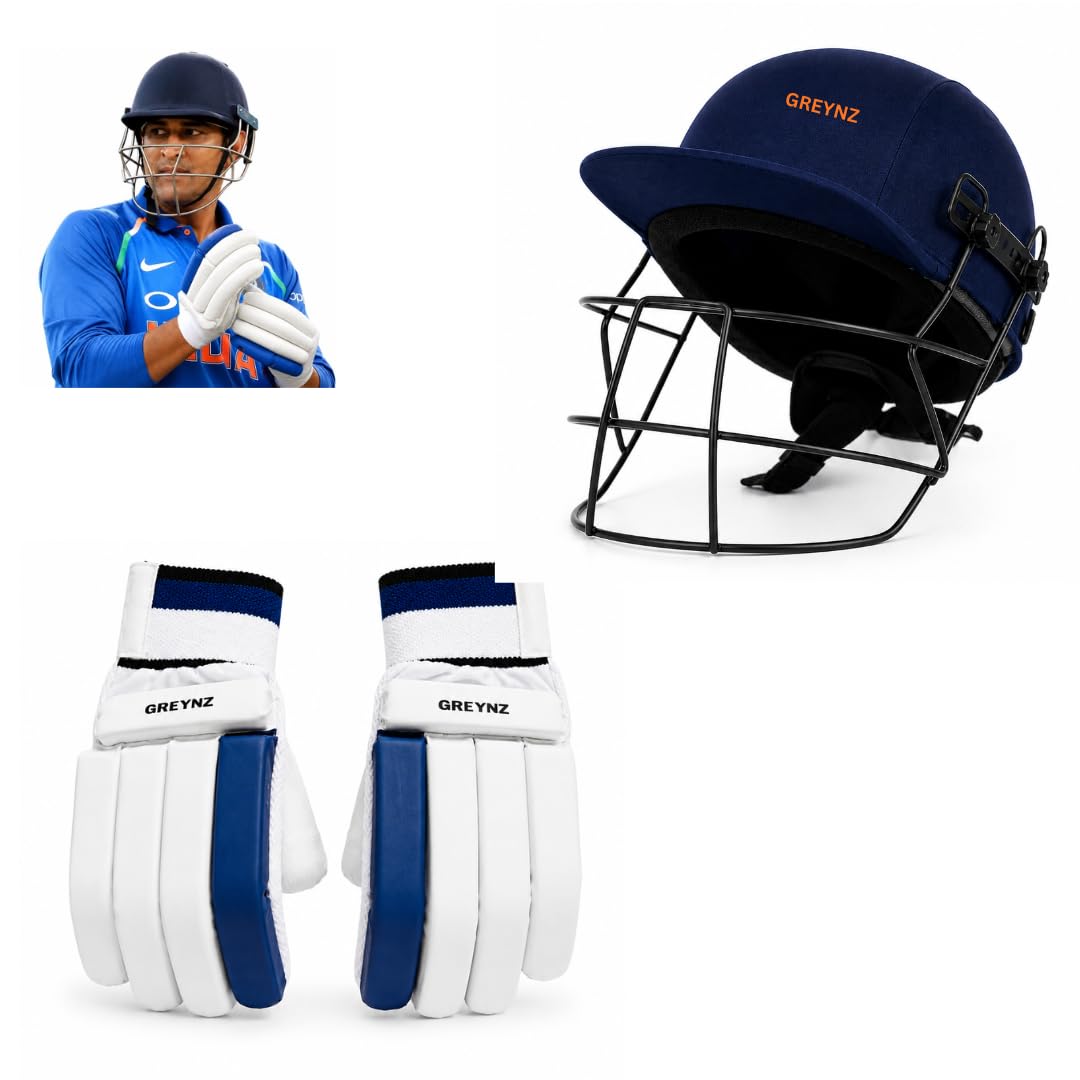 MS Dhoni Style Cricket Combo Set with Batting Helmet & Batting Gloves for Men | Navy Blue Helmet with Strong Metal Grill & Adjustable Strap + Sausage Finger Gloves | Leather Ball-image-46