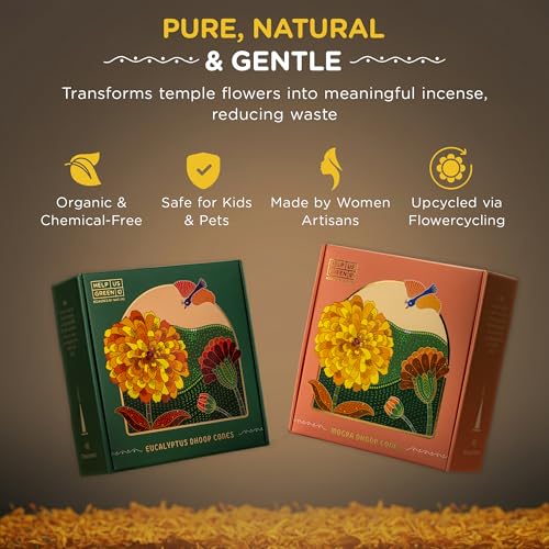 Image of HelpUsGreen Natural Dhoop Cones Eucalyptus and Mogra (80 Cones Pack of 2)|Charcoal Free Organic Low Smoke Long Lasting Incense Cones for Pooja Samagri, Home Fragrance, Meditation|Free Ceramic Holder
