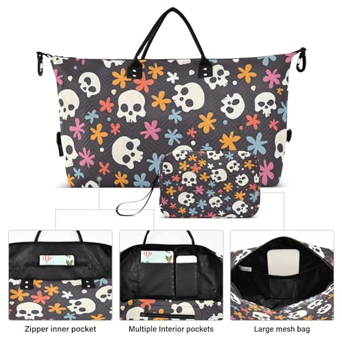 Bolaz Duffle Bag for Travel-Skulls and Flower，Weekender Overnight Bag with Wet Pocket for Women，Large Carry On Airport Bag with Toiletry Bag2