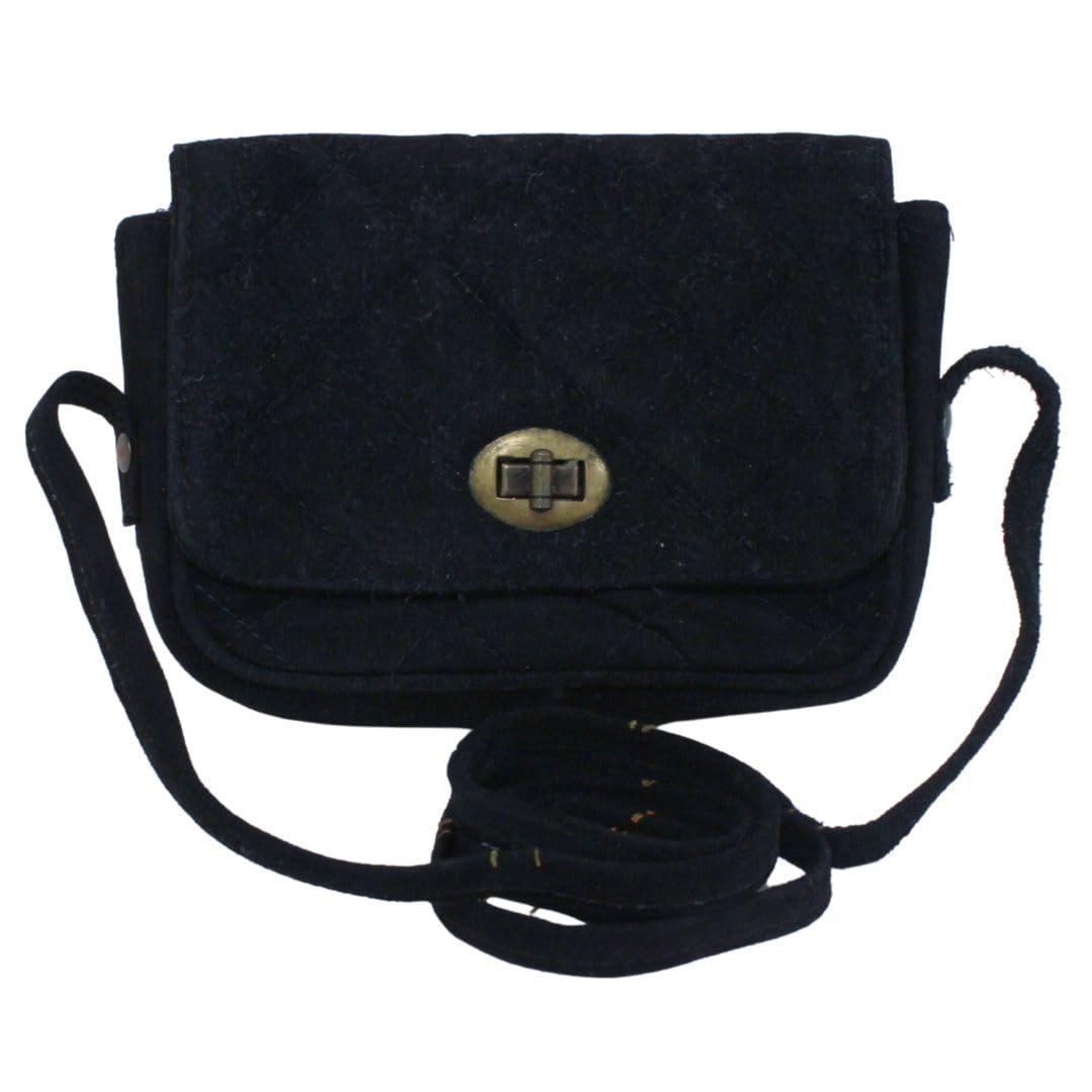 Luigi's Genuine Leather Cross-Body Bag – Unique Twist Lock, Cotton Interior, Zipper Pocket, Diamond Stitched Pattern(Black)