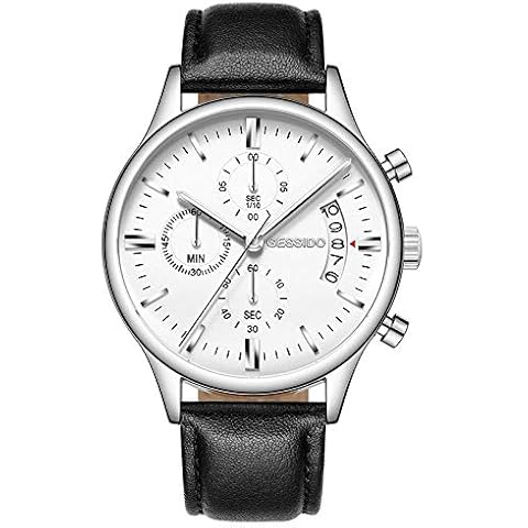 Men's Watches,Multifunctional 3 Eyes 6 Pin Quartz Watch Leather Strap Waterproof Calendar Luminous Watch, Black Leather White Face Silver Case Cover
