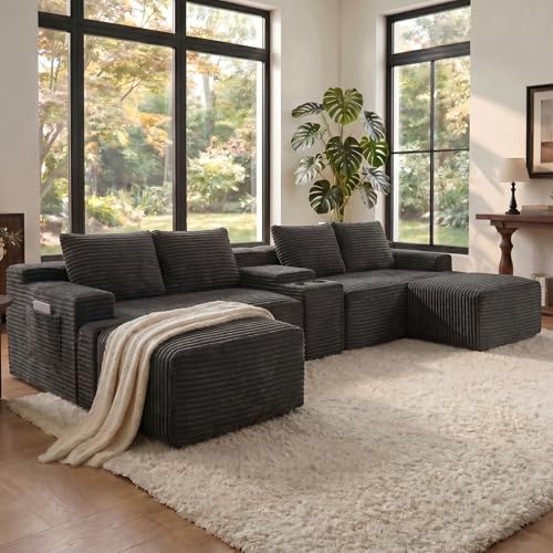 Image of 140 inch Modular Sectional Sofa Couch, Oversized U Shape Cloud Couch with 2 Ottomans, Storage and Cupholders, Corduroy Sofa Boneless Couches for Living Room, No Assembly Required, Dark Grey