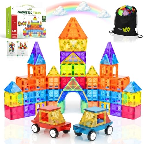Image of Magnet Tiles for Kids 136 PCS with 2 Cars Bases, STEM Magnetic Tiles for Toddlers, Educational Learning Toys for Ages 3-12, Magnetic Building Tiles for Preschool, Creative Play Set for Kids