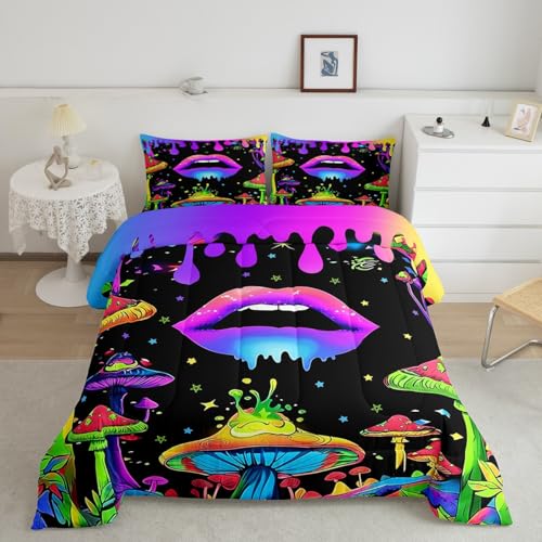 Image of Feelyou Rainbow Mushroom Comforter Set King, Mushroom Sexy Lips Bedding Set for Kids Aesthetic Funny Purple Moon Galaxy Comforter Boys Girls Hippie Star Cool Art Duvet Set with 2 Pillow Case