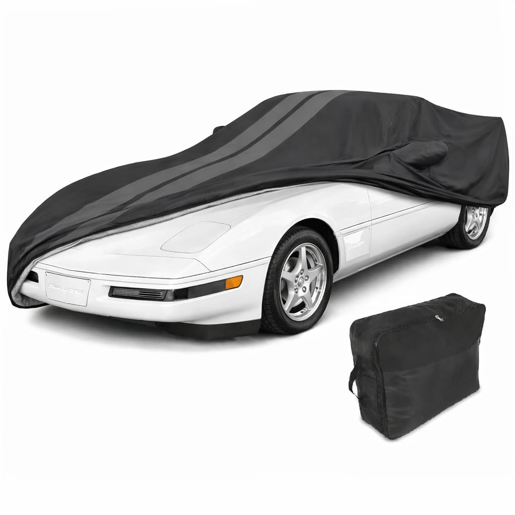 SR1 Performance USA C4 Corvette Car Cover - Custom Fit Outdoor/Indoor UV &amp; Rain Protection Ultraguard Plus 300 Denier High End for 1984-1996 Z51, GS, ZR1 Convertible, Hardtop (Black with Gray Stripes)