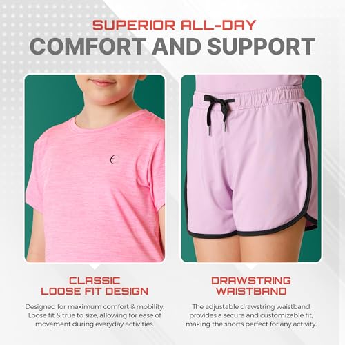 Girls Clothing Sets Tagless Loose Athletic Performance Crew Neck T-Shirt and Short Outfits Size 5-14 (4 Piece Set)4