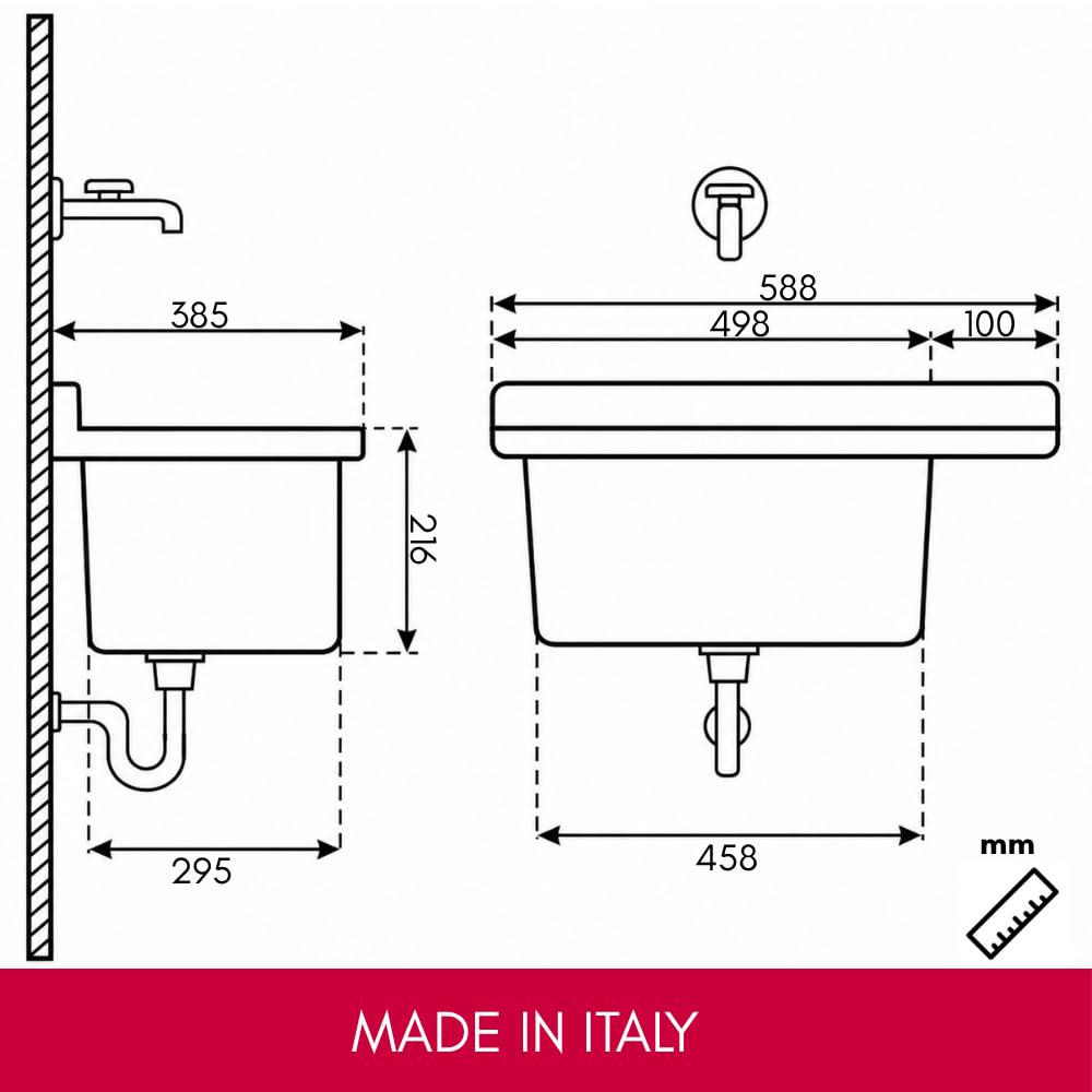 Schläfer 9610101- Pilozzo a Parete in Resina Bianco 59x39x28 cm con sifone di Scarico e Piletta, Lavatoio Lavapanni per Interno ed Esterno, Resistente agli acidi di uso comune