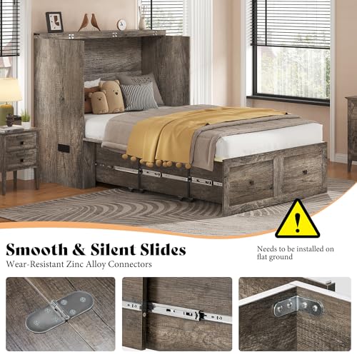 Image of AMERLIFE Twin Murphy Bed Cabinet with Charging Station and Storage Drawer, Farmhouse Foldable Platform Bed for Home Office, Apartment, Small Spaces, Rustic Grey
