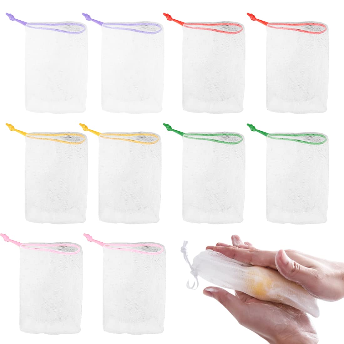 10 Confezioni Nylon Viso Pulizia Schiumogeno Reti - Schiuma Bolla Esfoliante Mesh Sapone Bar Sacchetto di Immagazzinaggio Cordino Holder Saver Bag Body Face Cleansing Accessorio,Colore Casuale