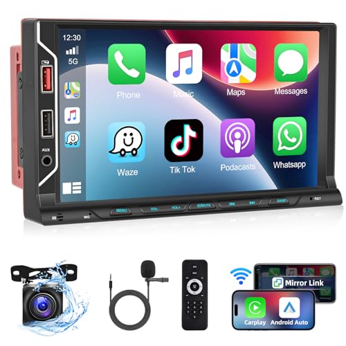 Autoradio Podofo A pple Carplay 2 DIN 7'' HD Écran Tactile Android Auto Avec Bluetooth 5.1/Rétroéclairage Coloré/FM/EQ/AUX/USB+Caméra de Recul AHD et Micro