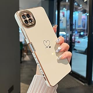 ZTOFERA Compatible with Samsung Galaxy A22 5G Case for Girls Women, Flexible Silicone Protective Phone Case with Cute Love Heart Pattern Golden Edging Shockproof Bumper Cover, White