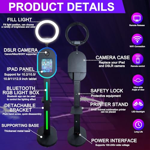 Image of Photo Booth for iPad 10.2 inch 10.9 inch 11 inch 12.9 inch 13 inch for Camera Dualuse Selfie Station Shell Stand APP Control RGB Ring Light Music Sync Light Box Photobooth Machine with Flight Case for Rental