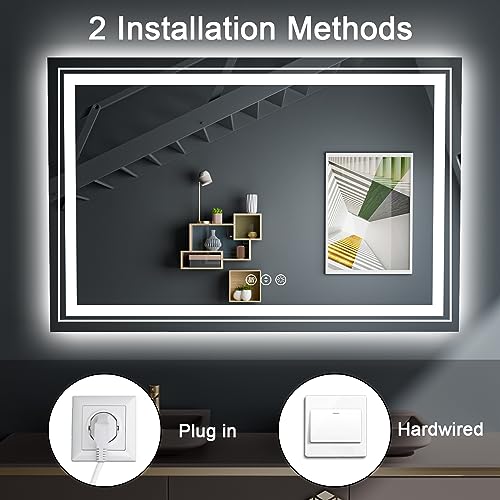 LED Bathroom Mirror, 60"X40" with Front and Backlit, Anti-Fog, Large Bathroom Vanity Mirror for Wall, Memory Function, Stepless Dimmable, Tempered Glass (Horizontal/Vertical)