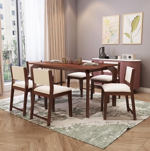 Image of MURALICRAFT Sheesham Wood 57 inch Dining Table 6 Seater | Six Seater Dinning Table Set with 6 Upholstered Dining Chairs | Table Top: Premium Sheesham Wood | Chair: Curved Design | Easy Assembly, Walnut