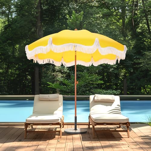 MFSTUDIO 7ft Beach Umbrella with Fringe, Tassel Umbrellas UPF50+ with Tilt Button & Crank, Holiday Outdoor Umbrella with Carry Bag, Ideal for Garden Lawn Poolside, Yellow