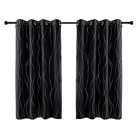 Anjee Eyelet Thermal Insulated Blackout Curtains and Drapes Wave Line with Dots Printed for bedroom living room Children's room Two Matching Tie Backs 46 x 54 inch Black Cover