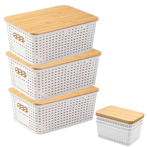 Lot de 3 boîtes de rangement avec couvercle en bambou - 5 l - En plastique - Petit panier de rangement avec poignée - Empilables - Avec couvercle - Pour...