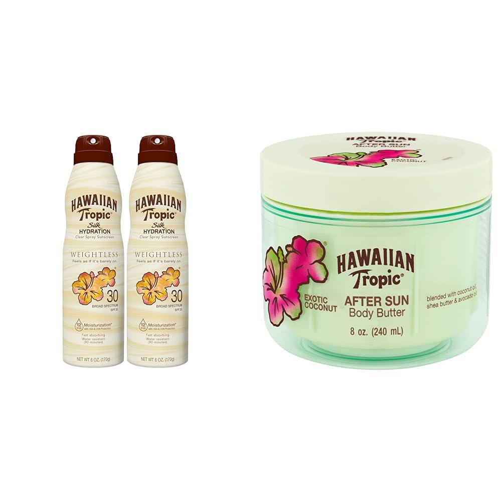Hawaiian Tropic Weightless Hydration Clear Spray Sunscreen SPF 30 Twin Pack 6oz Each After Sun Body Butter with