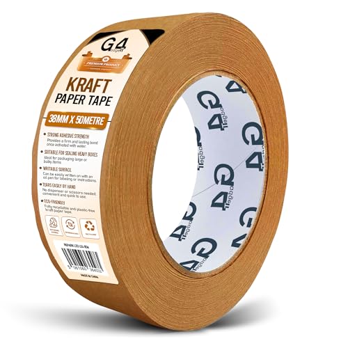 G4GADGET Kraft Paper Packing Tape 38mm x 50m | Brown Paper Parcel Tape | Eco-Friendly Recyclable Packaging Tape | Strong Adhesive Paper Tape for Boxes Moving & Shipping