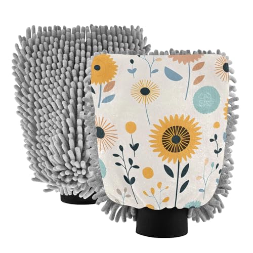 IOACIY Absorbent Microfiber Car Wash Drying Mitts, 2 Pack, Scratch-Free & Lint-Free, Rich Foam, Highly Absorbent, Double Sided, Wash Mitt Perfect for Car Washing, M, Cute Illustration Sunflower