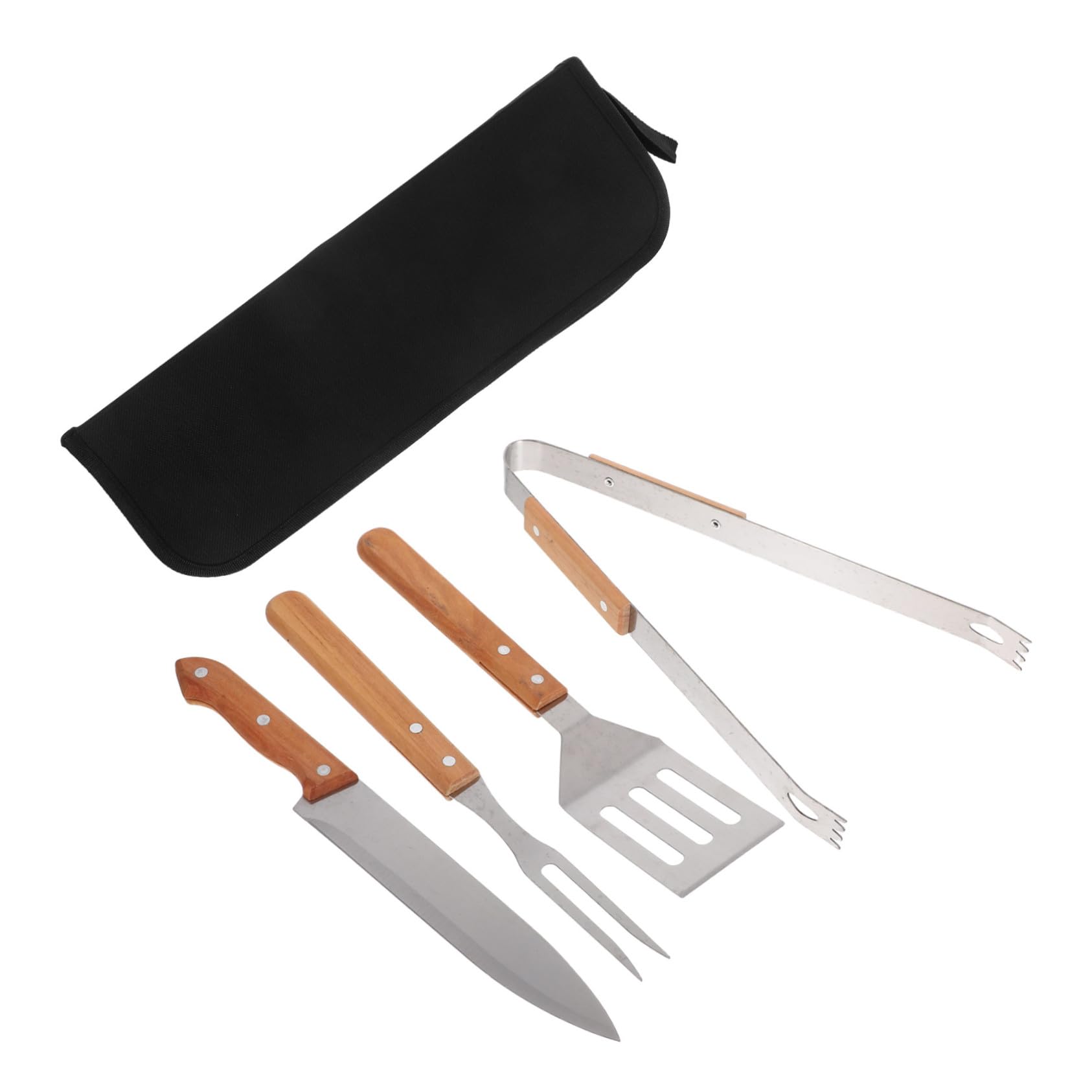 Grillbesteck mit Holzgriff Teiliges BBQ Zubehör für Outdoor Camping und Garten Tragbares Grillwerkzeug mit Spatel Zange und Messer im Praktischen Transportbeutel