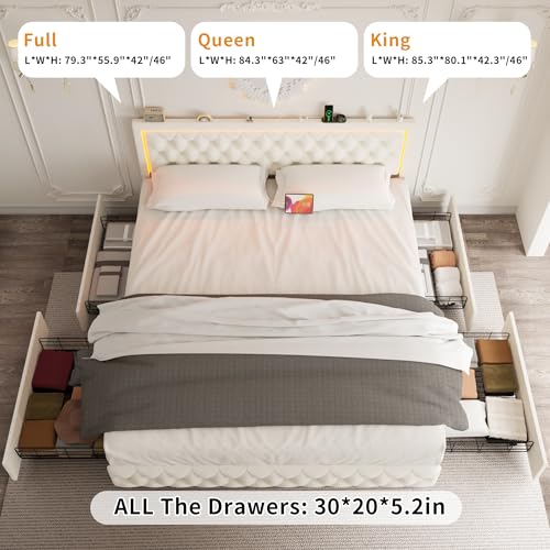 Queen Bed Frame with 4 Storage Drawers, Velvet Upholstered Bed Frame Queen Size with Charging Station and LED Lights, 46" Adjustable Button Tufted Headboard, No Box Spring Needed, Beige