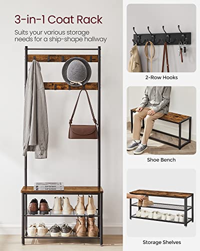 VASAGLE Coat Rack, Hallway Cabinet, Cloakroom, Clothes Rack, with Bench and Shoe Shelves, Hooks, Metal Frame, Height 175 cm, Industrial Style, Rustic Brown and Black HSR41BX - Image 2