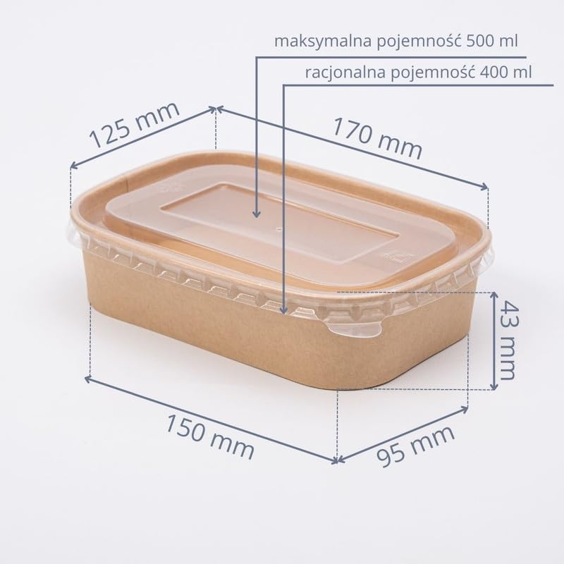 Ensaladeras Rectangulares de Papel Kraft 300 Unidades 500 ml | Cuencos Desechables de cartón Kraft, Ideales para ensaladas, Comidas para Llevar y Aperitivos