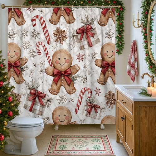 Tenda da doccia a forma di pan di zenzero, scatola regalo natalizia con bastoncini di zucchero, lavabile, con ganci, decorazione decorativa per bagno e camera degli ospiti, 183 x 183 cm