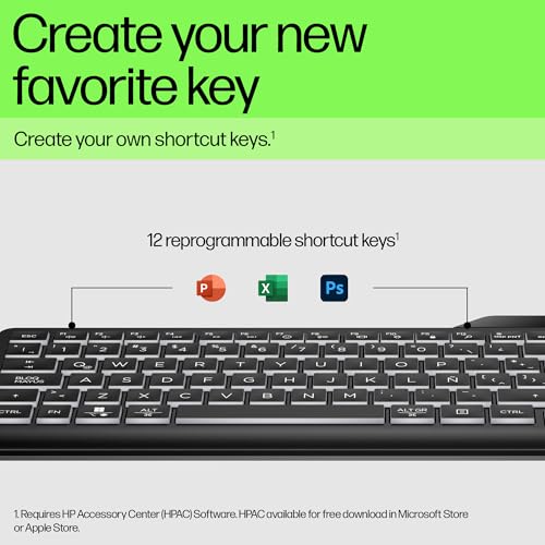 HP 400 Backlit Wired Keyboard | Warm White LED Illuminated Keys w/ 3 Brightness Levels | Slim & Portable Design | 12 Programmable Keys | USB-C cord and USB-A adapter | Spill-Resistant | Black - Image 4