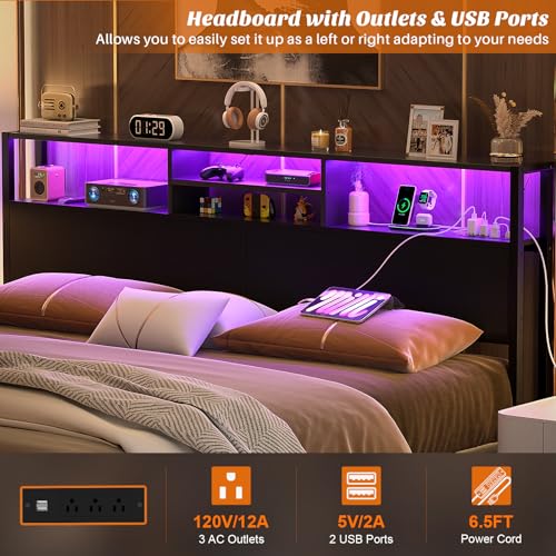 Image of Aheaplus Headboard for King Size Bed with Storage, Headboards with Outlets | King Size Head Board Only, USB Ports and LED Light, Height Adjustable, Reversible, Sturdy and Stable Headboard, Black