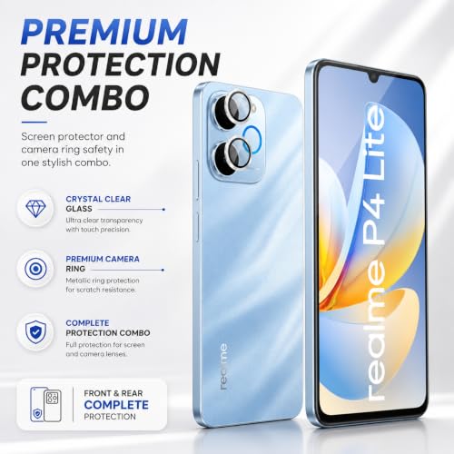 Image of FIRST MART Tempered Glass for Realme P4 Lite 5G with Silver Camera Ring Guard & Installation Kit | HD Clear Edge-to-Edge Screen Protector, Scratch Resistant, Case-Friendly | Pack of 1
