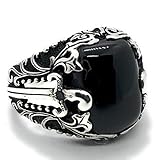 R&O Silver Boutique 925k Carved Sterling Silver Men's Ring with Sword Filigree and Natural Gemstones 1RKAG2 (10, onyx)