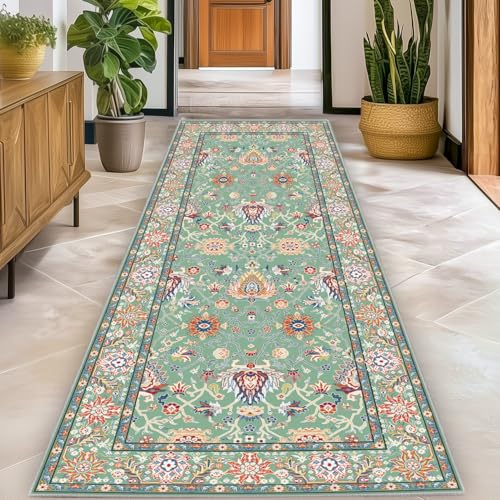 Tapete corredor boho floral verde 3x6 pies lavable