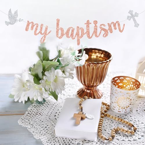 Image of Goilpanitdia My Baptism Banner, Religious Baptism Baby Shower Banner | Rose Gold Glitter, Bless This Child, God Bless, Confirmation, Christening, Baby 1st Birthday Supplies