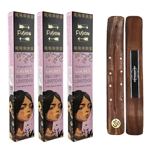 Aromasenses | 3 Cajetillas de Incienso Golden Fusion Palo Santo y Lavanda 15 Gramos + 1 Tablilla Aromasenses | Incienso Etnico 100% Natural | Limpiador de Energias