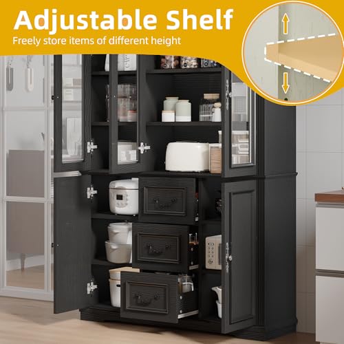 DWVO Large Storage Cabinet, 72" Tall Kitchen Pantry with Glass Doors, Freestanding Glass Display Cabinets with Adjustable Shelves & Drawers, Food China Hutch for Dining Room, Living Room, Black