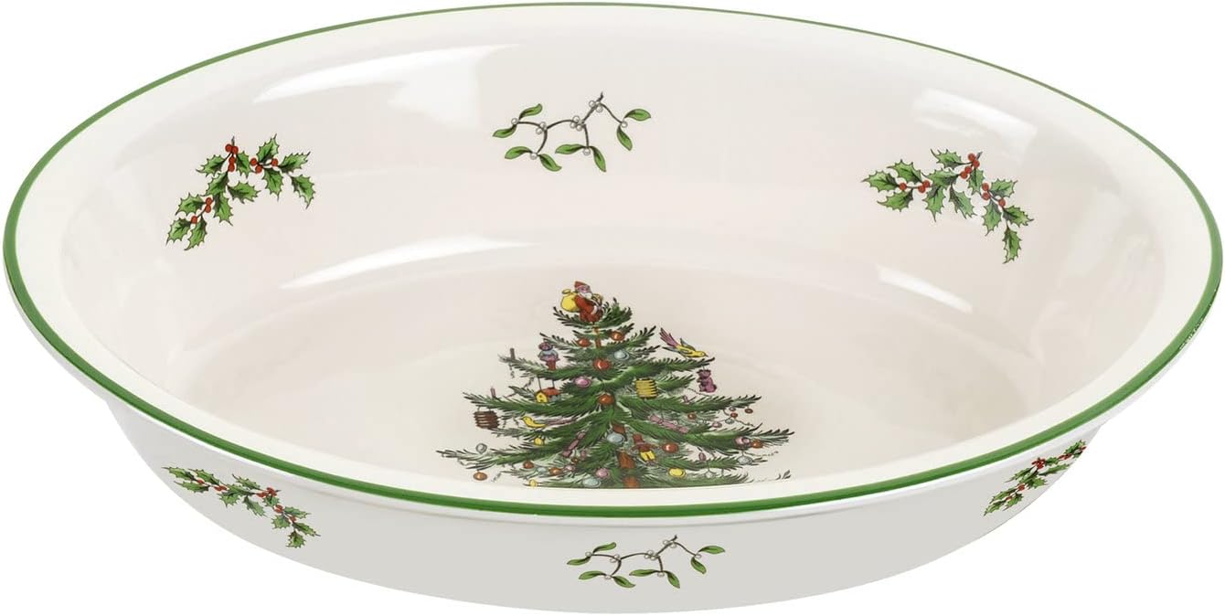 Spode Christmas Tree Oval Rim Dish (12.5" x 8.75") Festive Deep Baking Pan for Serving Vegetables, Roast Dinner, Casseroles - Fine Porcelain, Microwave, Freezer, Dishwasher Safe